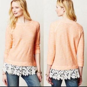 Sunday In Brooklyn Anthropologie Orange White Lace Hem Pullover Sweater Small XS